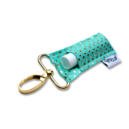 Lippy Clip keychain - aqua with gold dots